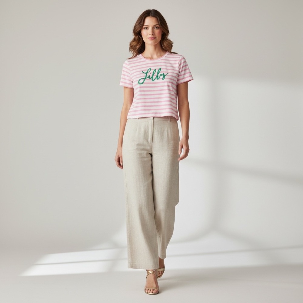 Lilly Pulitzer Keenan Cropped Knit Top S Pink Striped Beaded Logo Preppy NWT $68